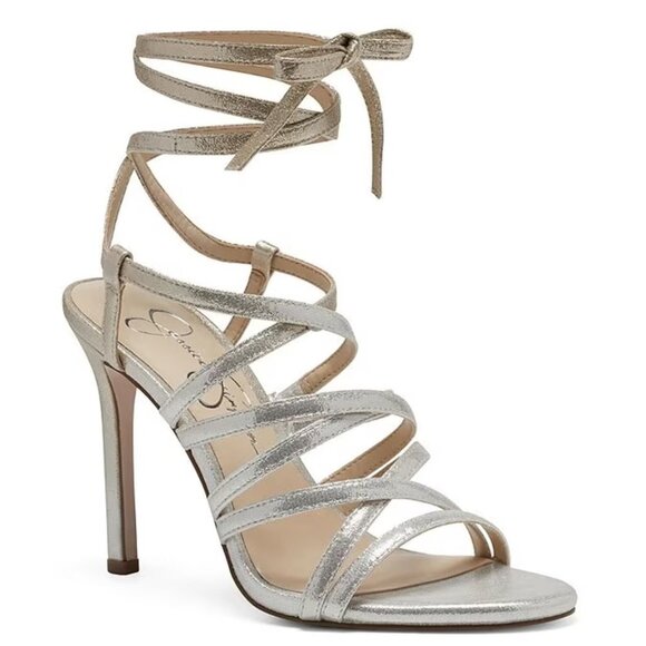 NEW Jessica Simpson Jexilla Champagne Metallic Heel Lace Up Ankle Strap Sandals - Picture 1 of 6